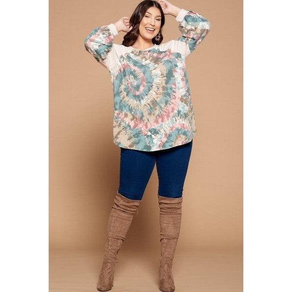 Plus Size Tie Dye French Terry Print Balloon Sleeve Top