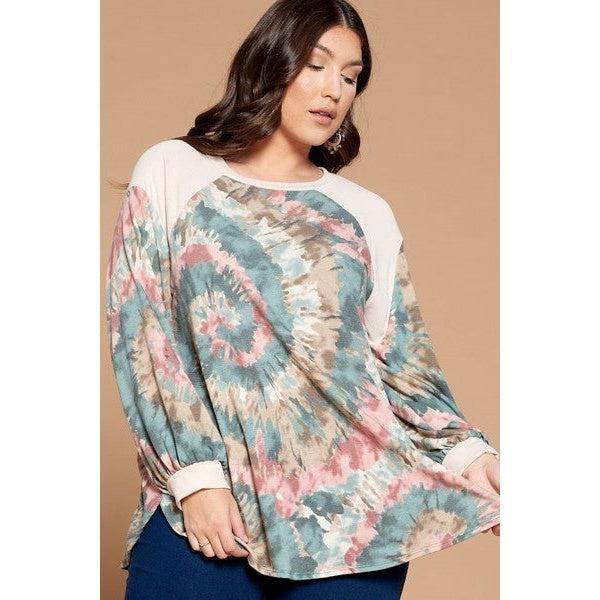 Plus Size Tie Dye French Terry Print Balloon Sleeve Top