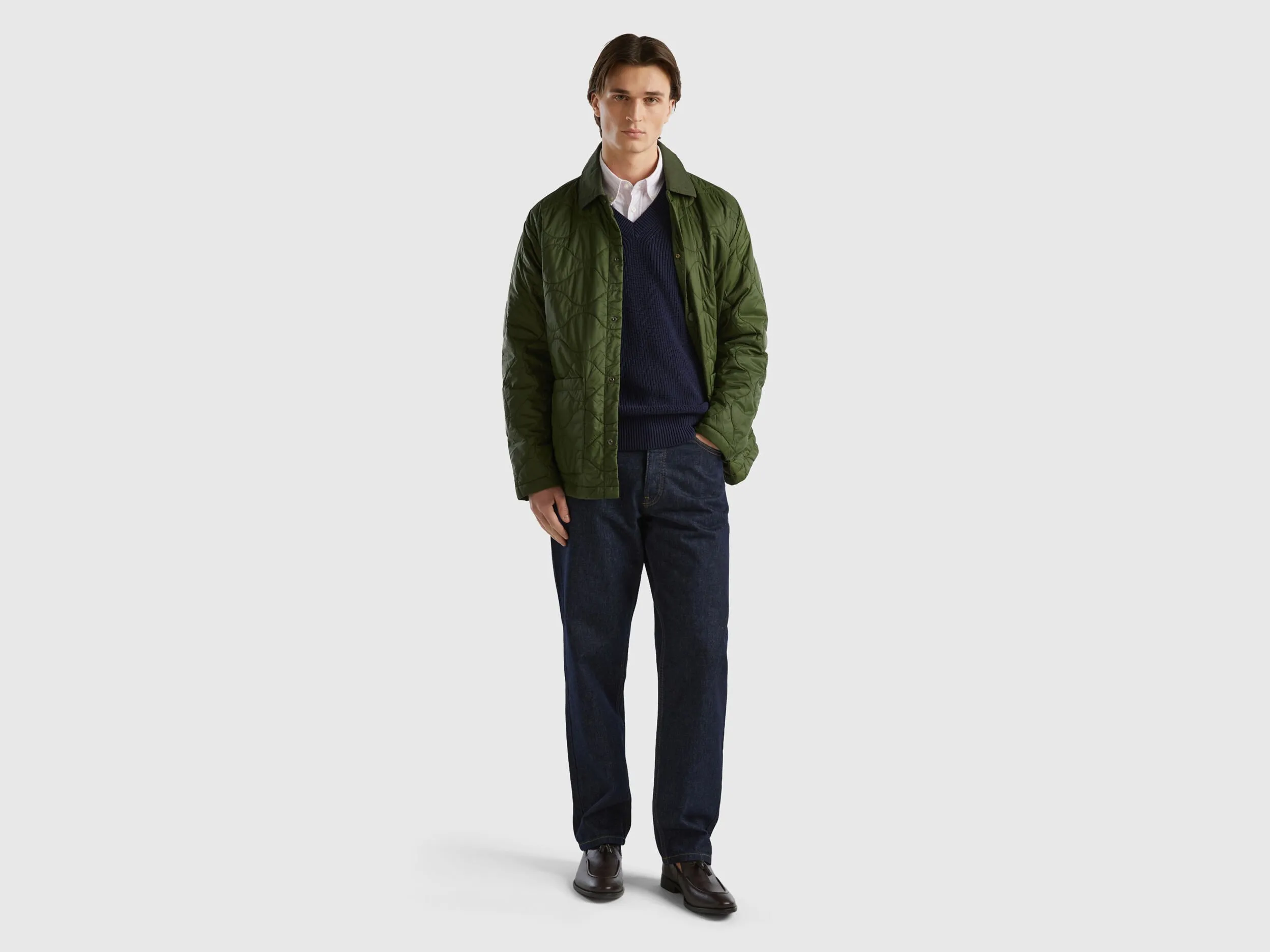 Quilted jacket with collar - Olive Green | Benetton