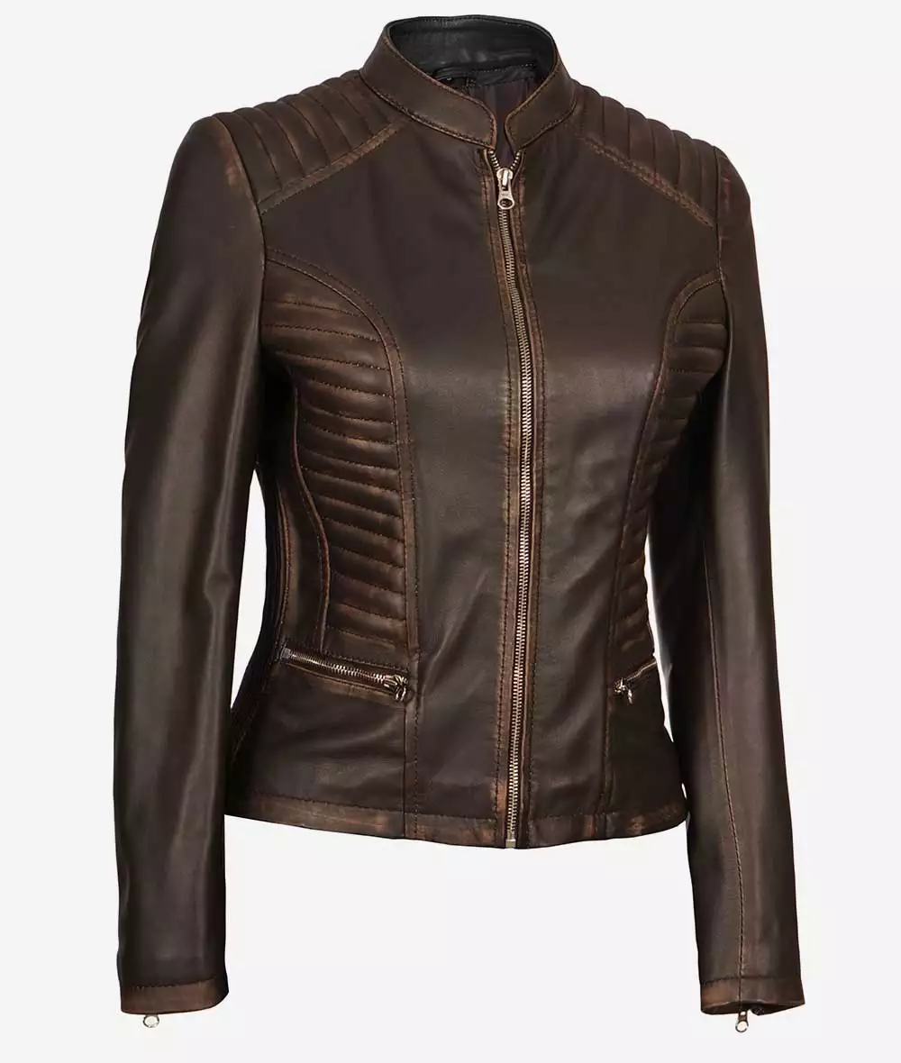 Rachel Womens Slim Fit Ruboff Brown Leather Jacket