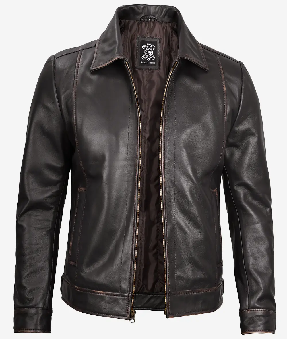 Reeves Mens Shirt Collar Dark Brown Leather Jacket