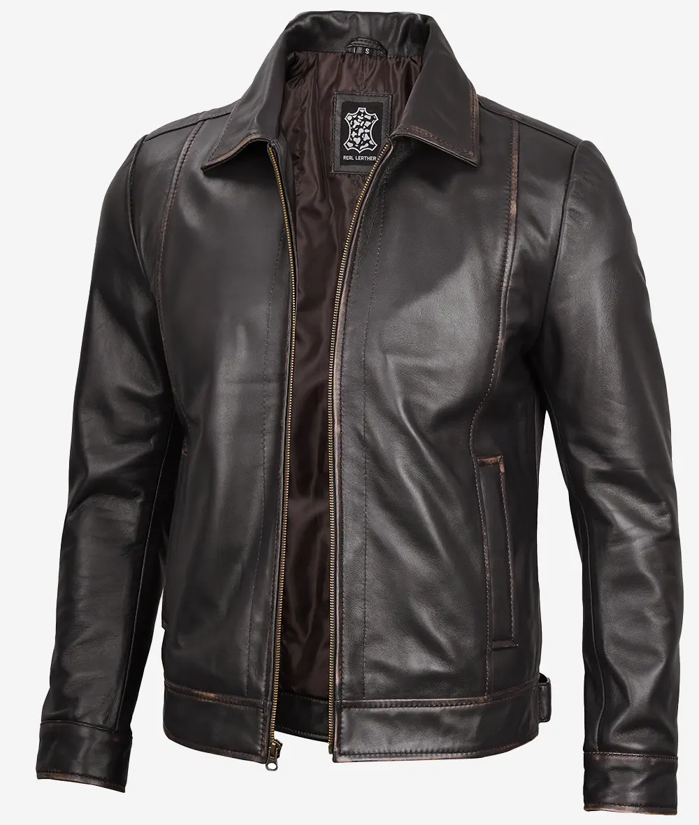 Reeves Mens Shirt Collar Dark Brown Leather Jacket