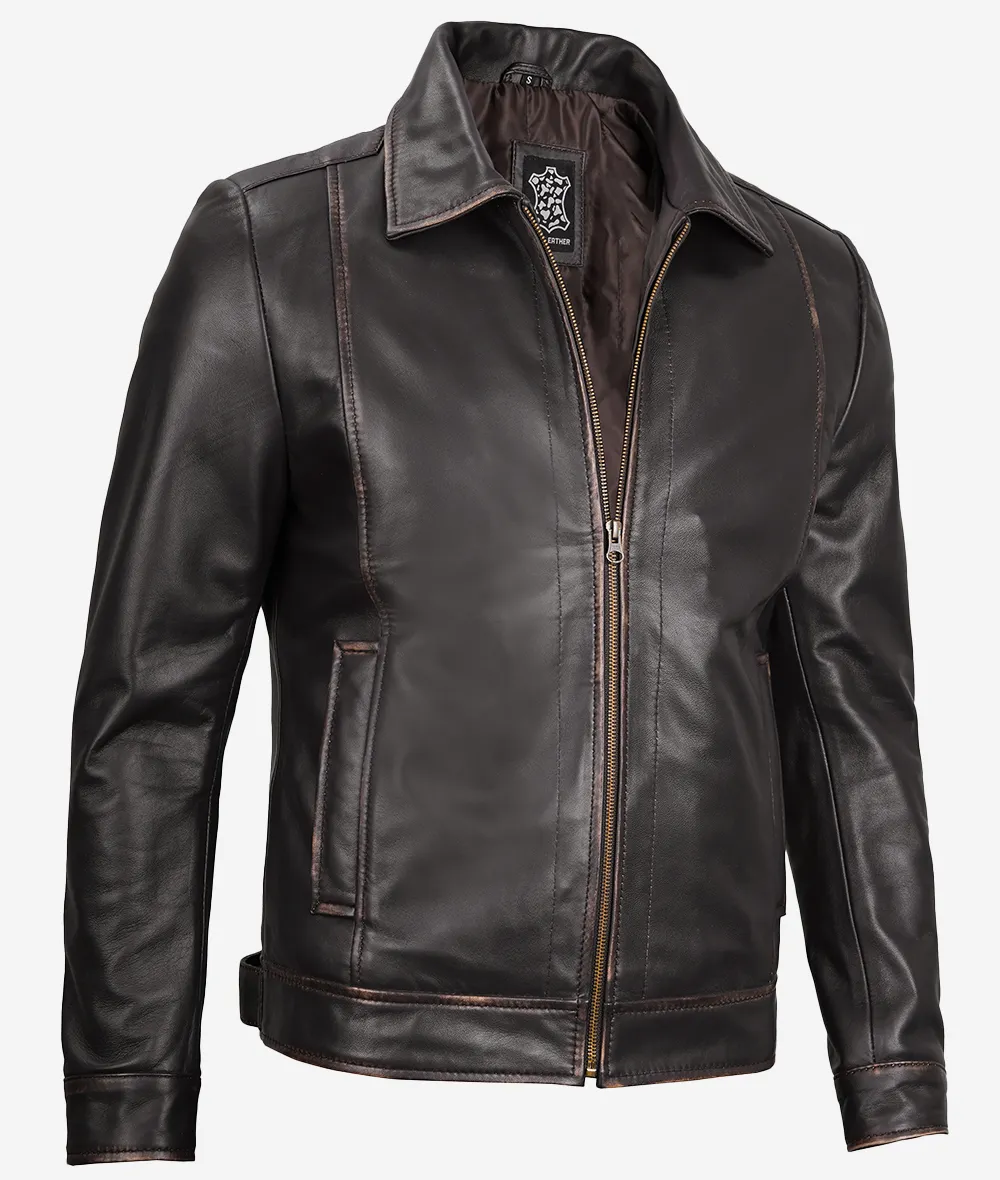 Reeves Mens Shirt Collar Dark Brown Leather Jacket