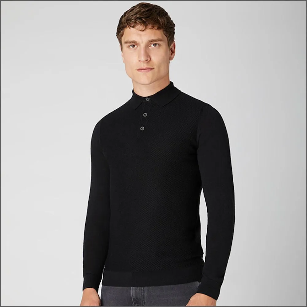 Reums Uomo Black Slim Fit Merino Wool-Blend Long Sleeve knitted Polo>>