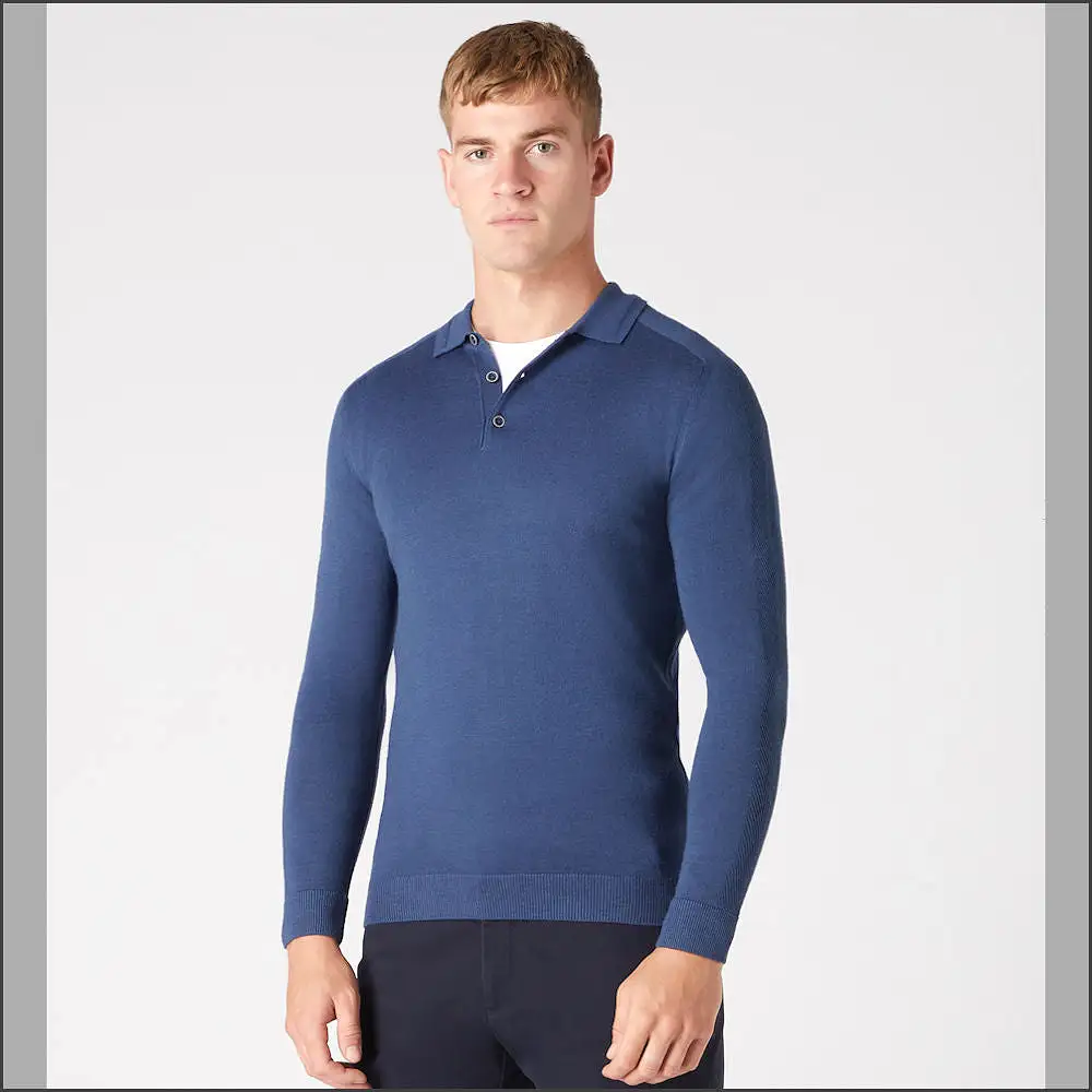 Reums Uomo Slim Fit Merino Wool-Blend Blue Polo^