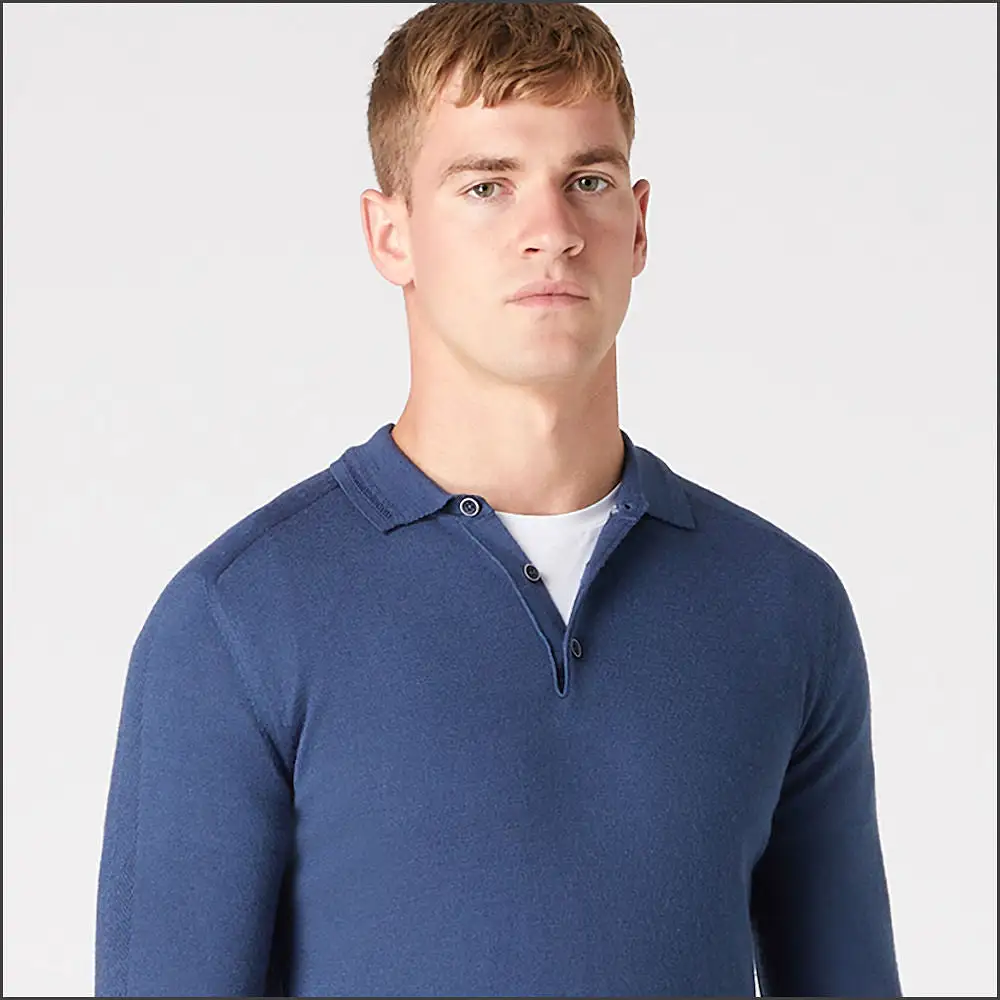 Reums Uomo Slim Fit Merino Wool-Blend Blue Polo^