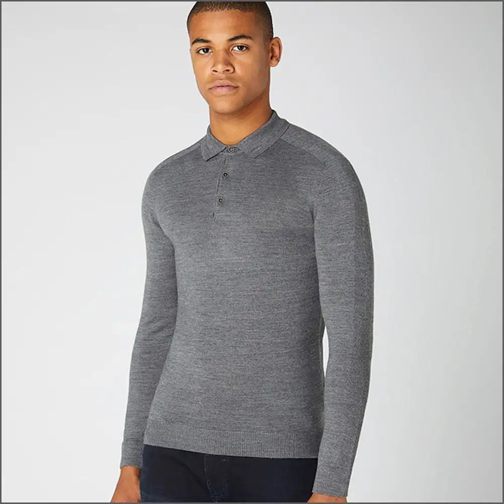 Reums Uomo Slim Fit Merino Wool-Blend Grey Polo^