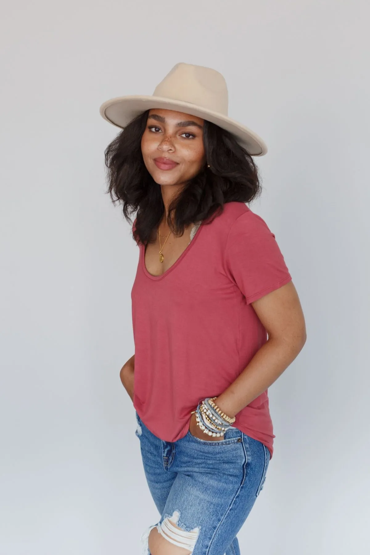 Scoop Neck Bralette Tee - Marsala