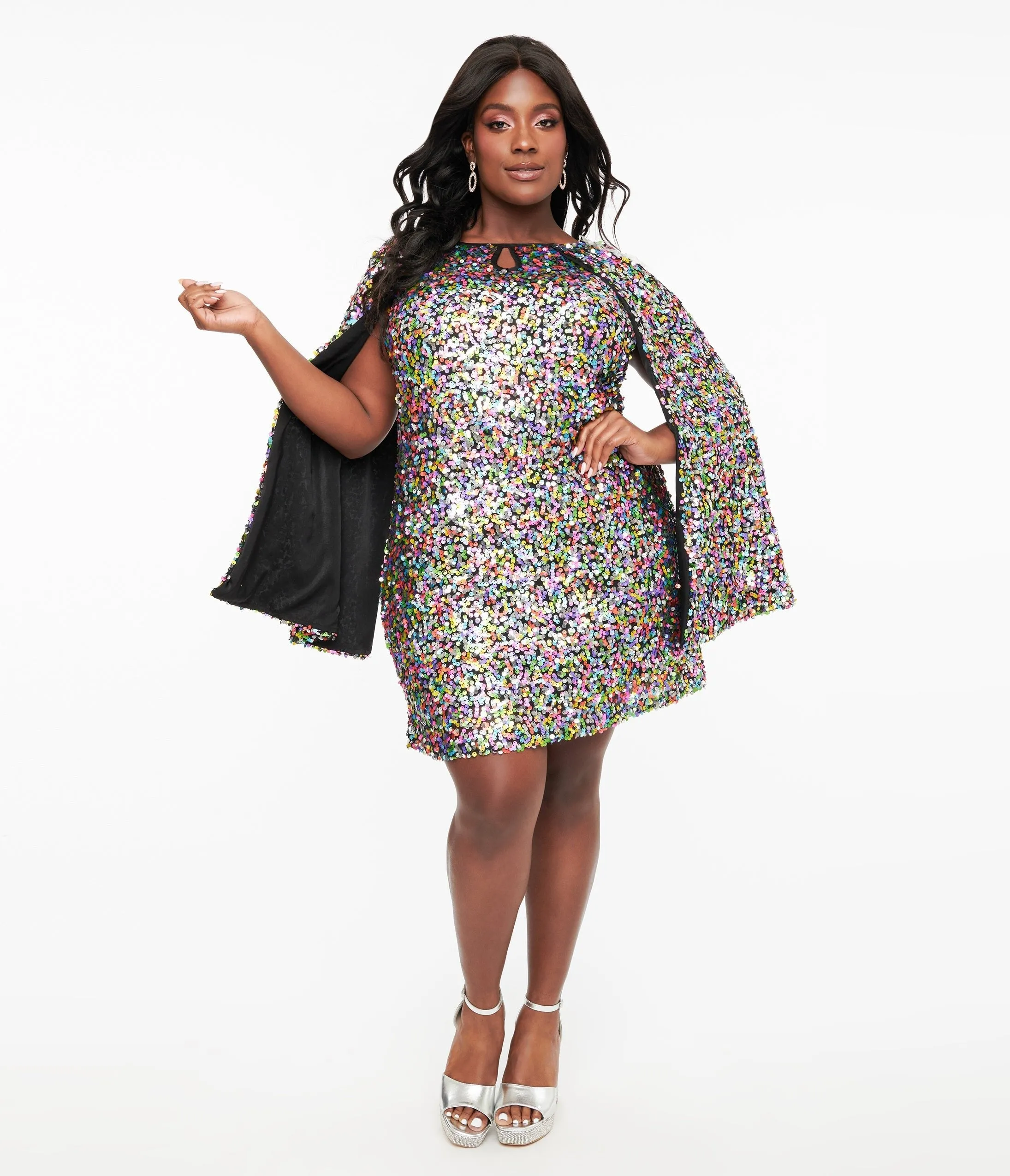 Smak Parlour Plus Size 1960s Rainbow Sequin Cape Sleeve Shift Dress