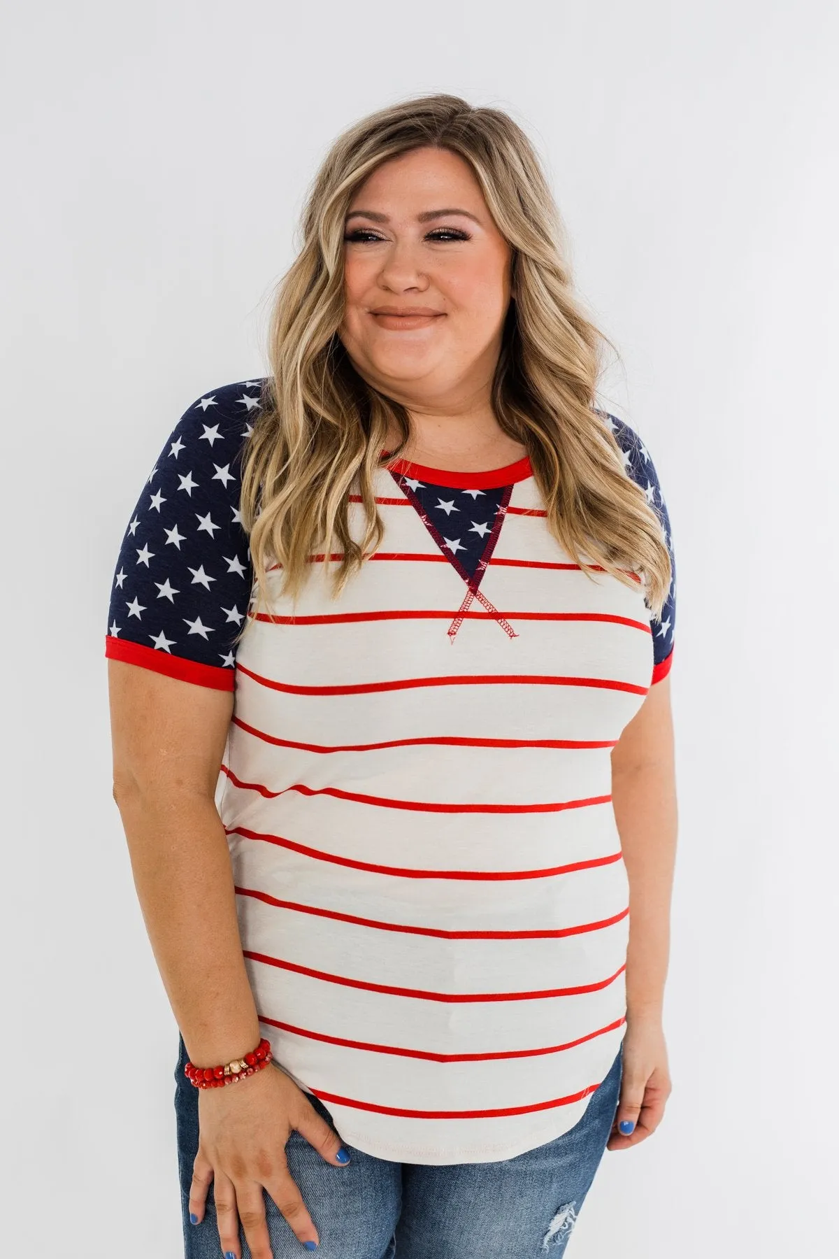 Stars & Stripes Short Sleeve Raglan Top- Red, Ivory, & Navy