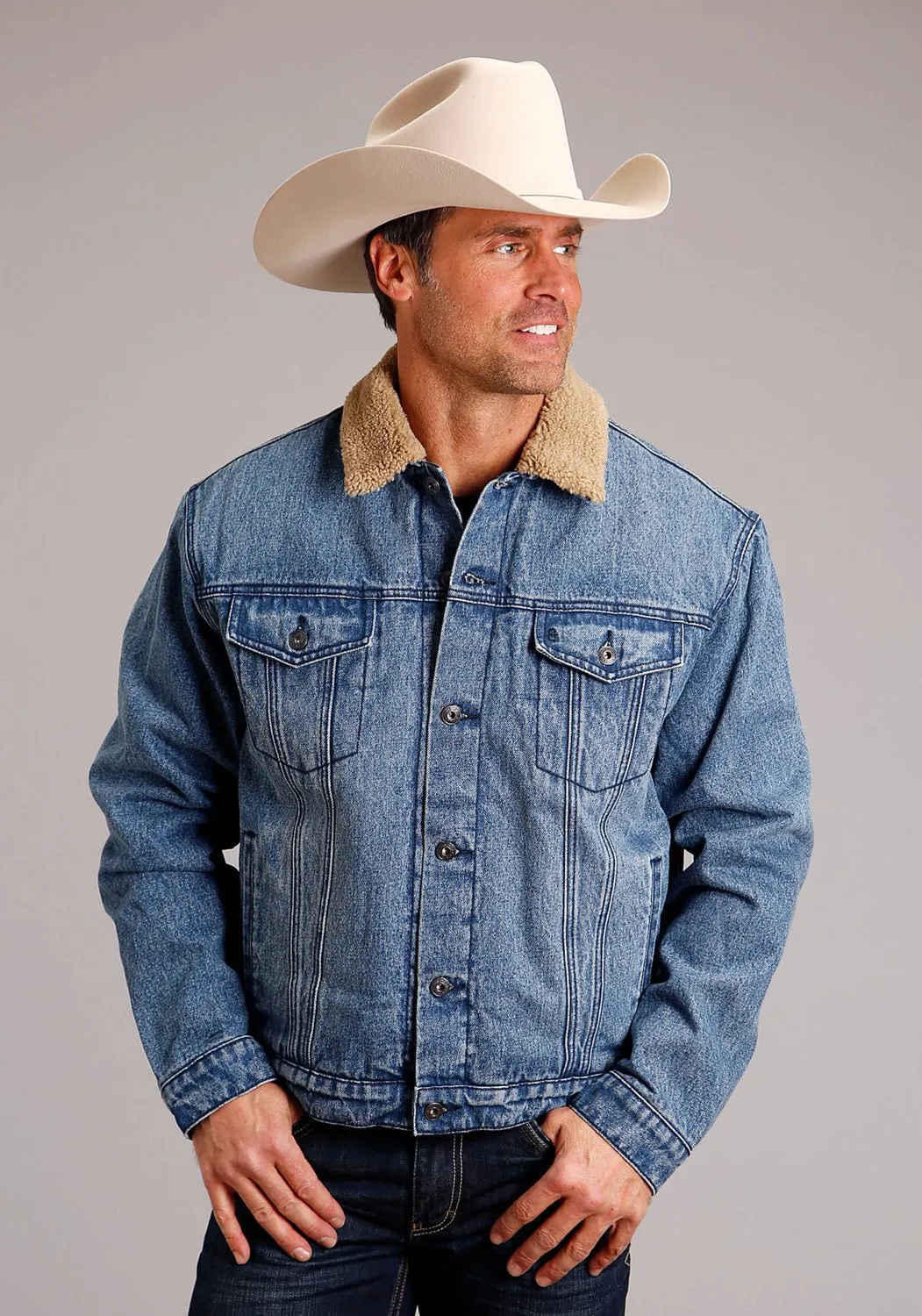 Stetson Mens Faux Sherpa Blue 100% Cotton Denim Jacket