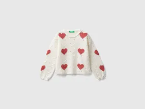 Sweater with heart inlay - Creamy White | Benetton