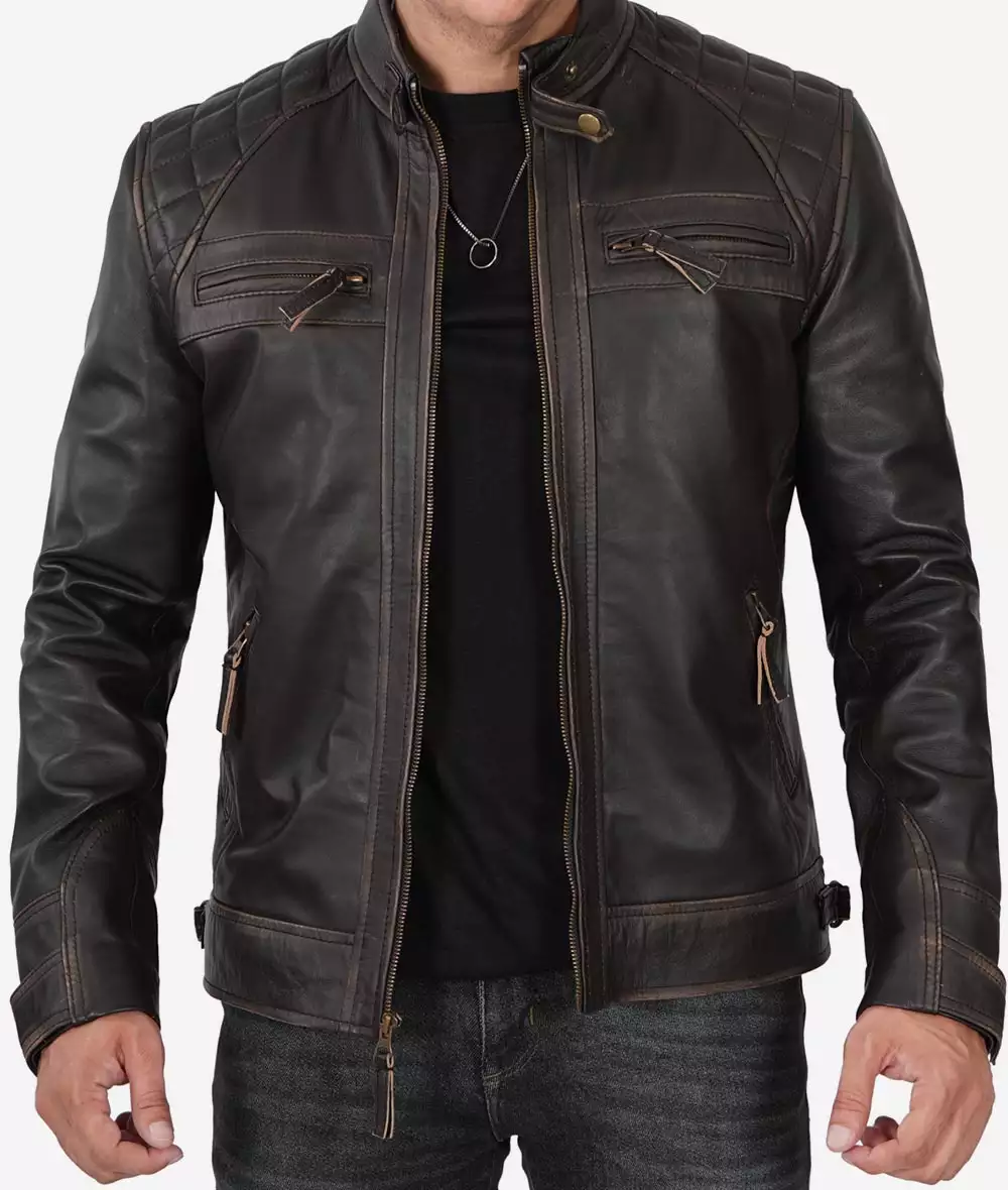 Tall Biker Brown Distressed Leather Jacket for Men