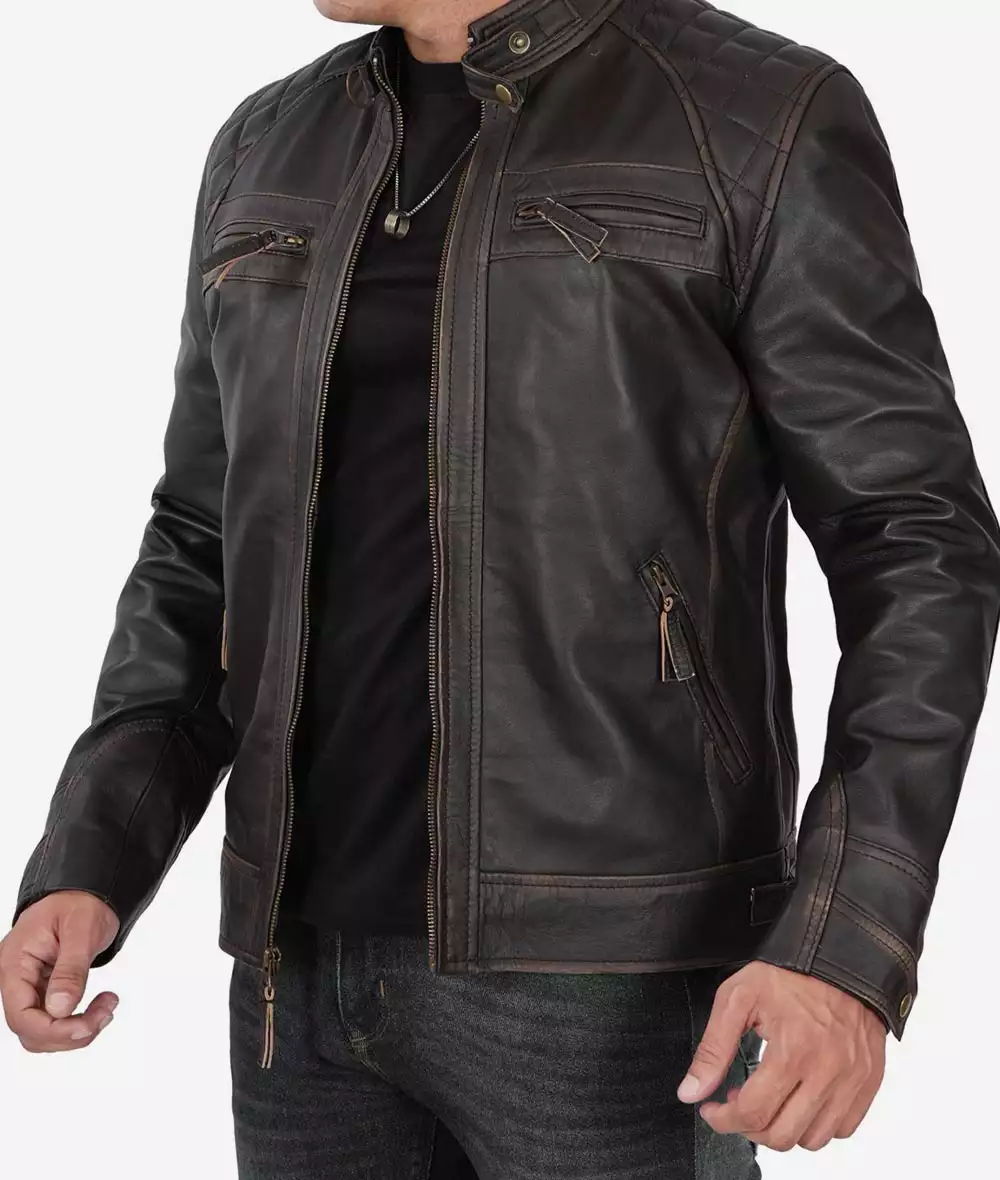 Tall Biker Brown Distressed Leather Jacket for Men