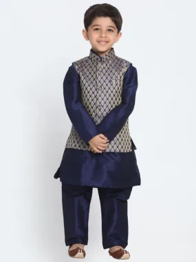 Vastramay Boys' Blue Woven Design Nehru Jacket & Navy Blue Kurta Pyjamas Set