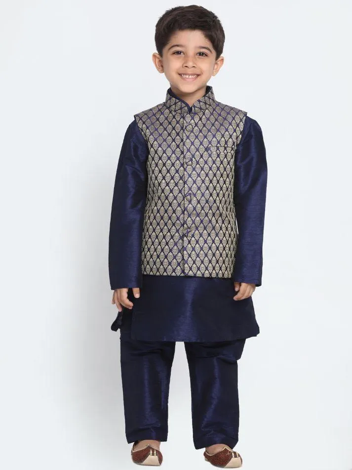 Vastramay Boys' Blue Woven Design Nehru Jacket & Navy Blue Kurta Pyjamas Set