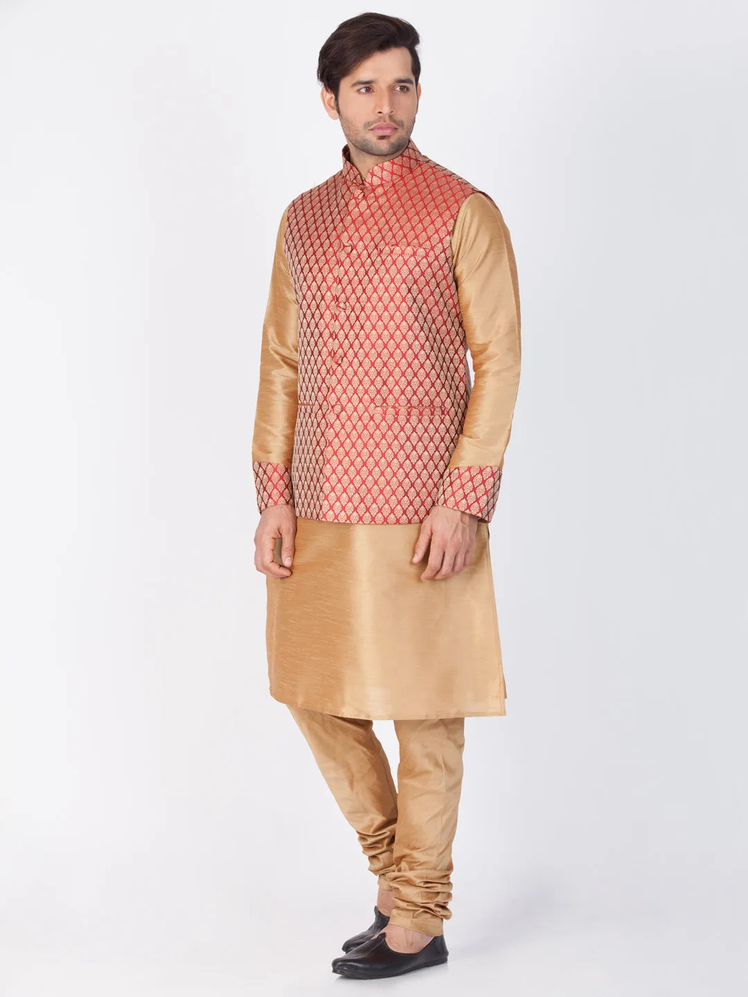 Vastramay Men's Gold Cotton Silk Blend Kurta, Ethnic Jacket and Pyjama Set