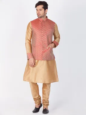 Vastramay Men's Gold Cotton Silk Blend Kurta, Ethnic Jacket and Pyjama Set