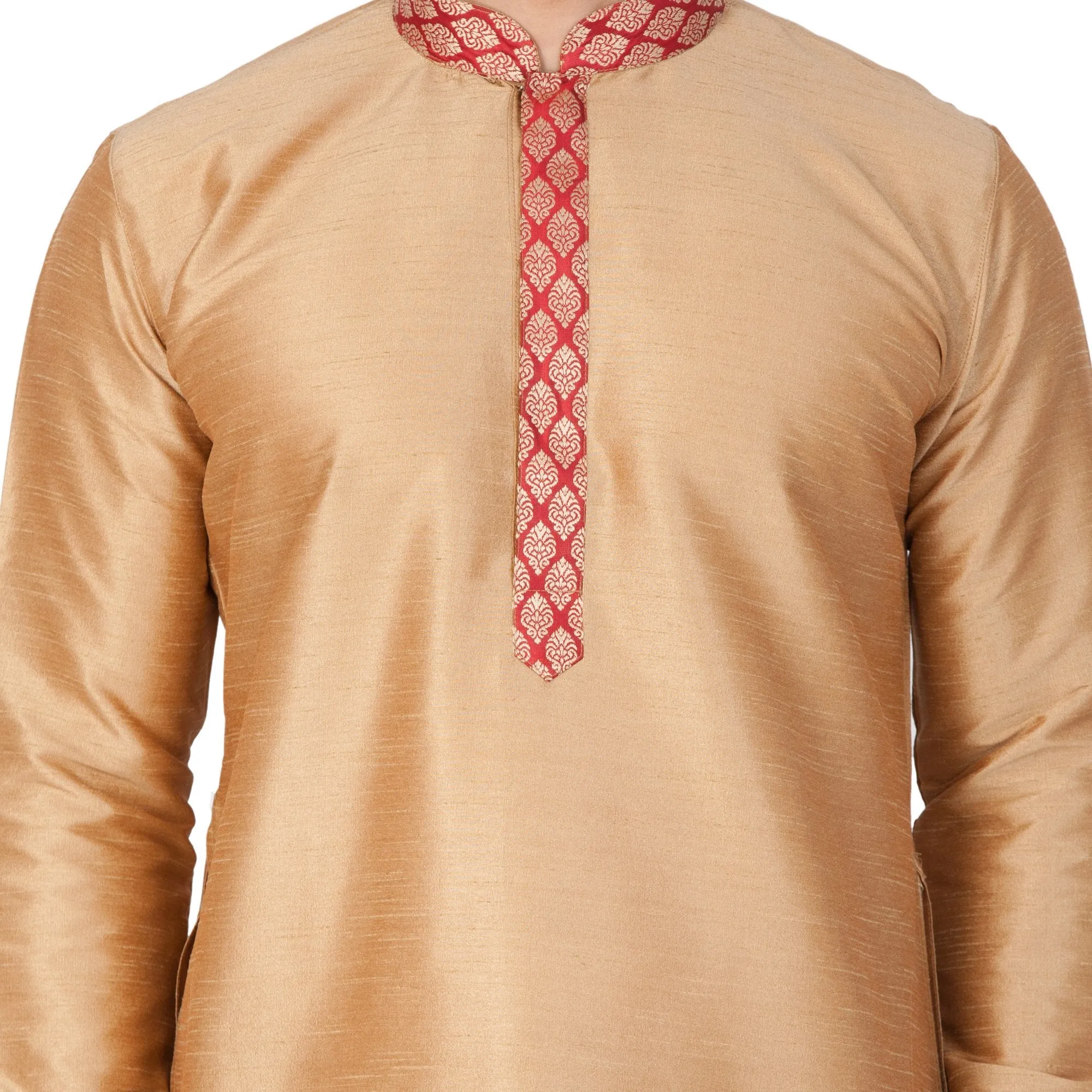 Vastramay Men's Gold Cotton Silk Blend Kurta, Ethnic Jacket and Pyjama Set