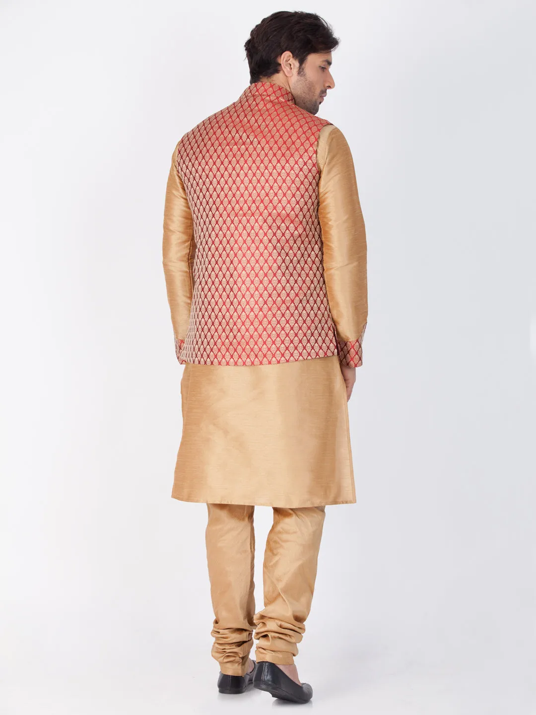 Vastramay Men's Gold Cotton Silk Blend Kurta, Ethnic Jacket and Pyjama Set