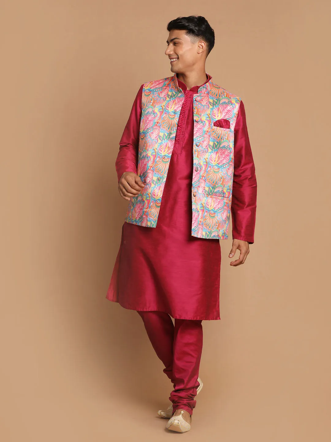 VASTRAMAY Men's Multi-Color Printed Nehru Jacket With Solid Kurta & Pyjama Set