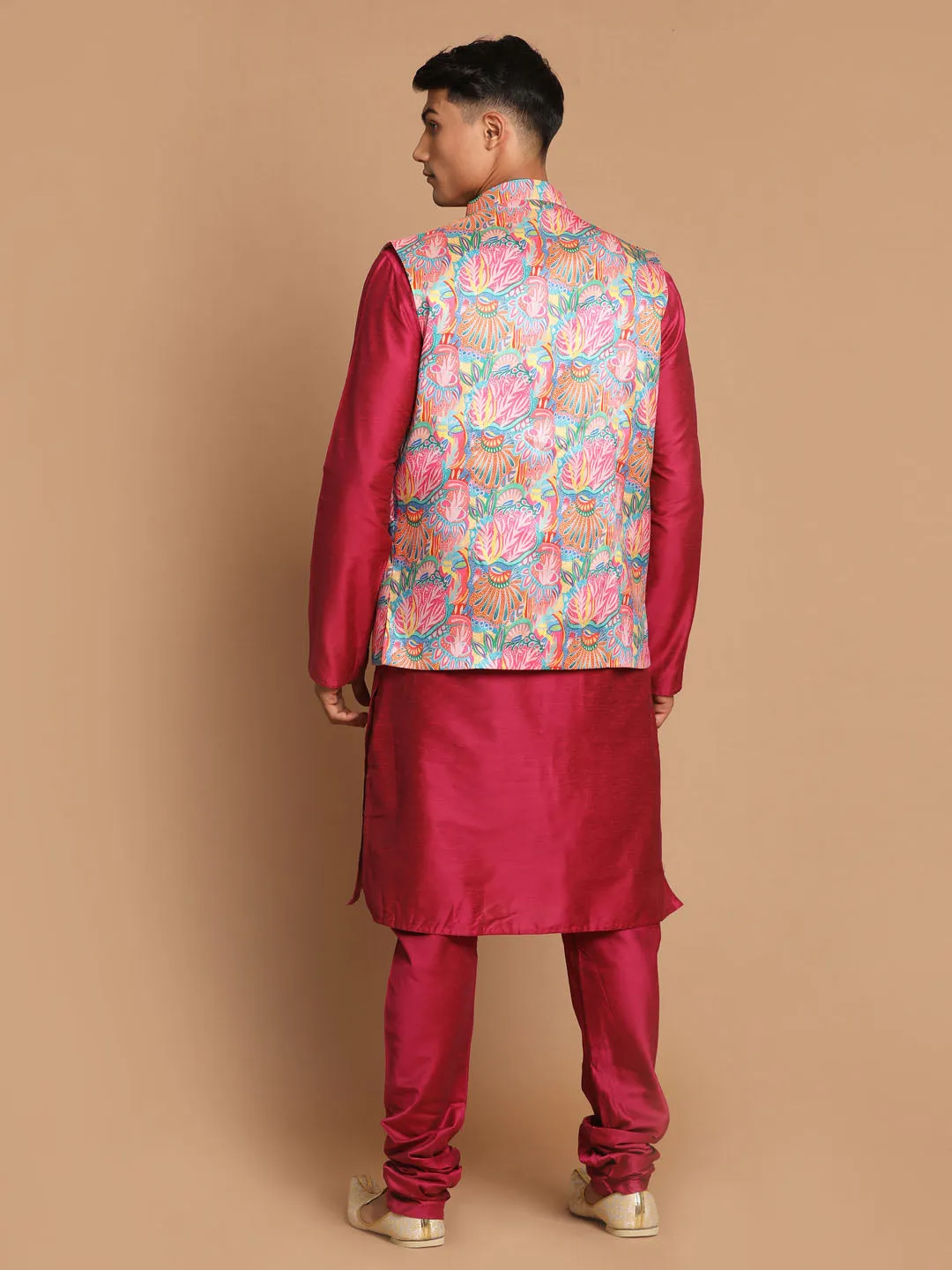 VASTRAMAY Men's Multi-Color Printed Nehru Jacket With Solid Kurta & Pyjama Set