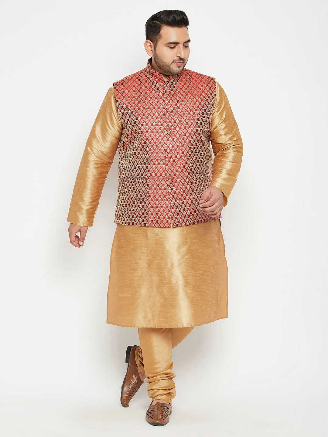 VASTRAMAY Men's Plus Size Rose Gold and Maroon Woven Silk Blend Jacket Kurta Pyjama Set