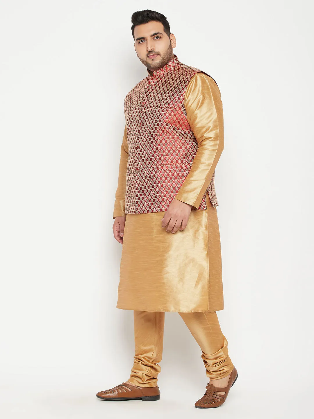 VASTRAMAY Men's Plus Size Rose Gold and Maroon Woven Silk Blend Jacket Kurta Pyjama Set