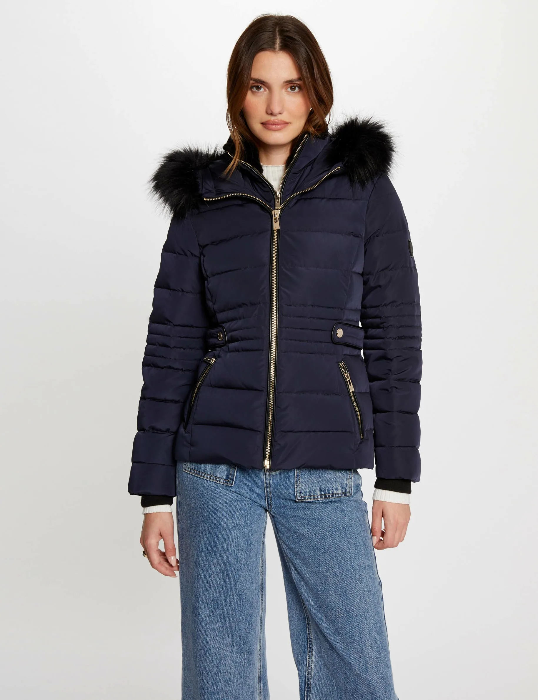 Waisted padded jacket hood navy women