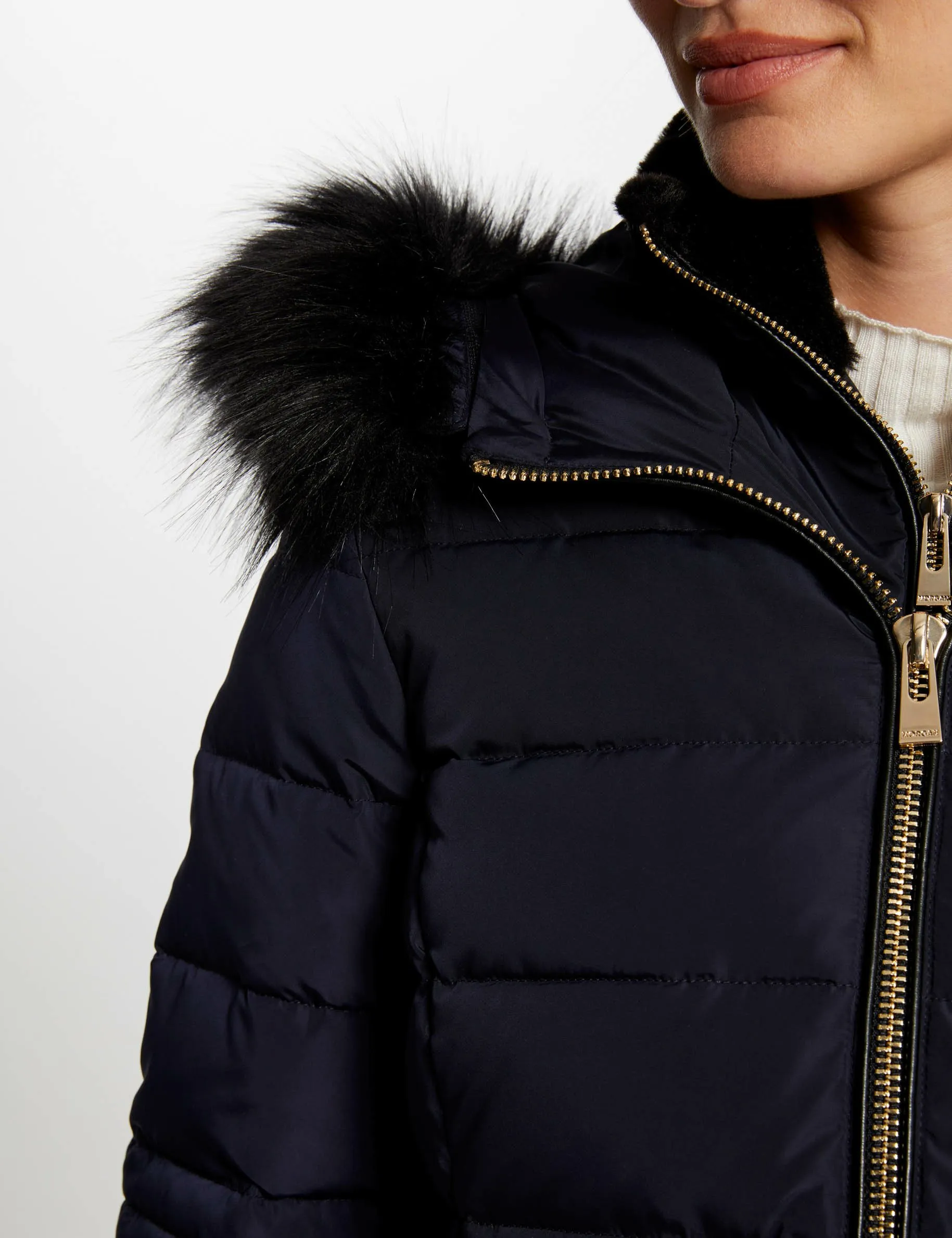 Waisted padded jacket hood navy women