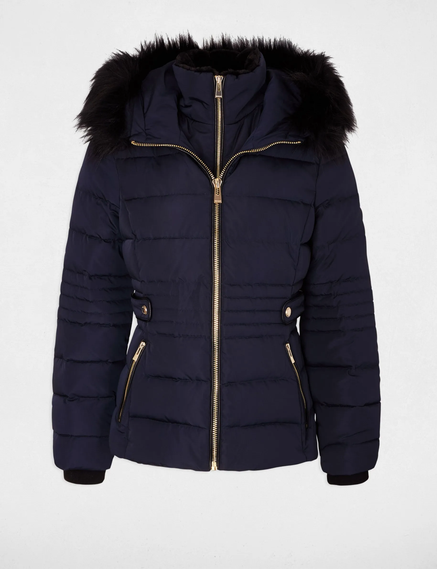 Waisted padded jacket hood navy women