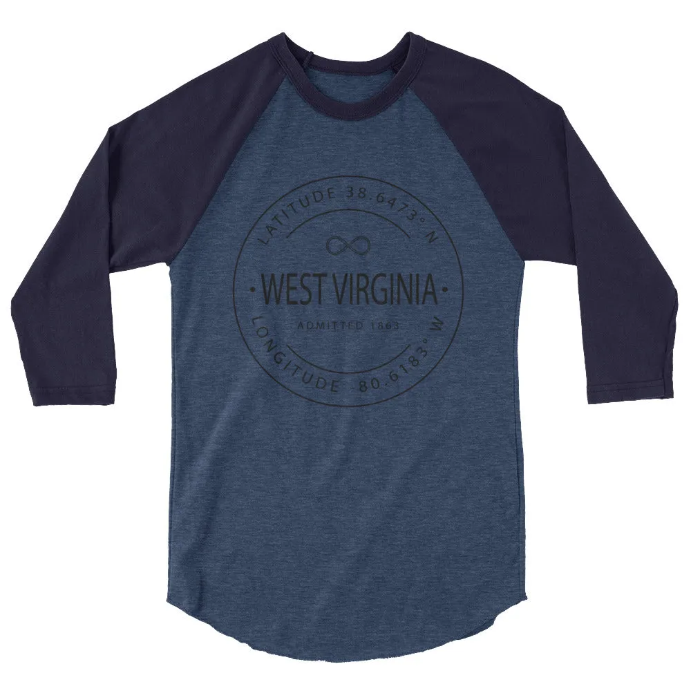 West Virginia - 3/4 Sleeve Raglan Shirt - Latitude & Longitude