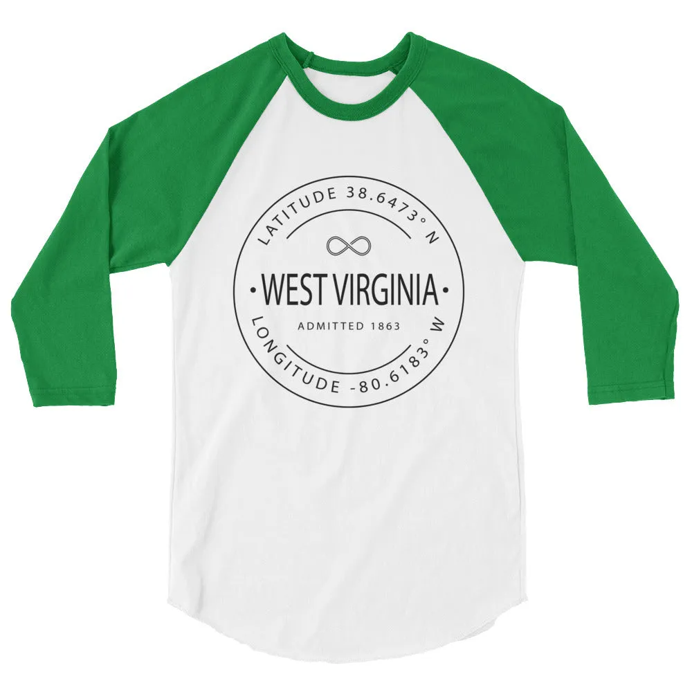 West Virginia - 3/4 Sleeve Raglan Shirt - Latitude & Longitude