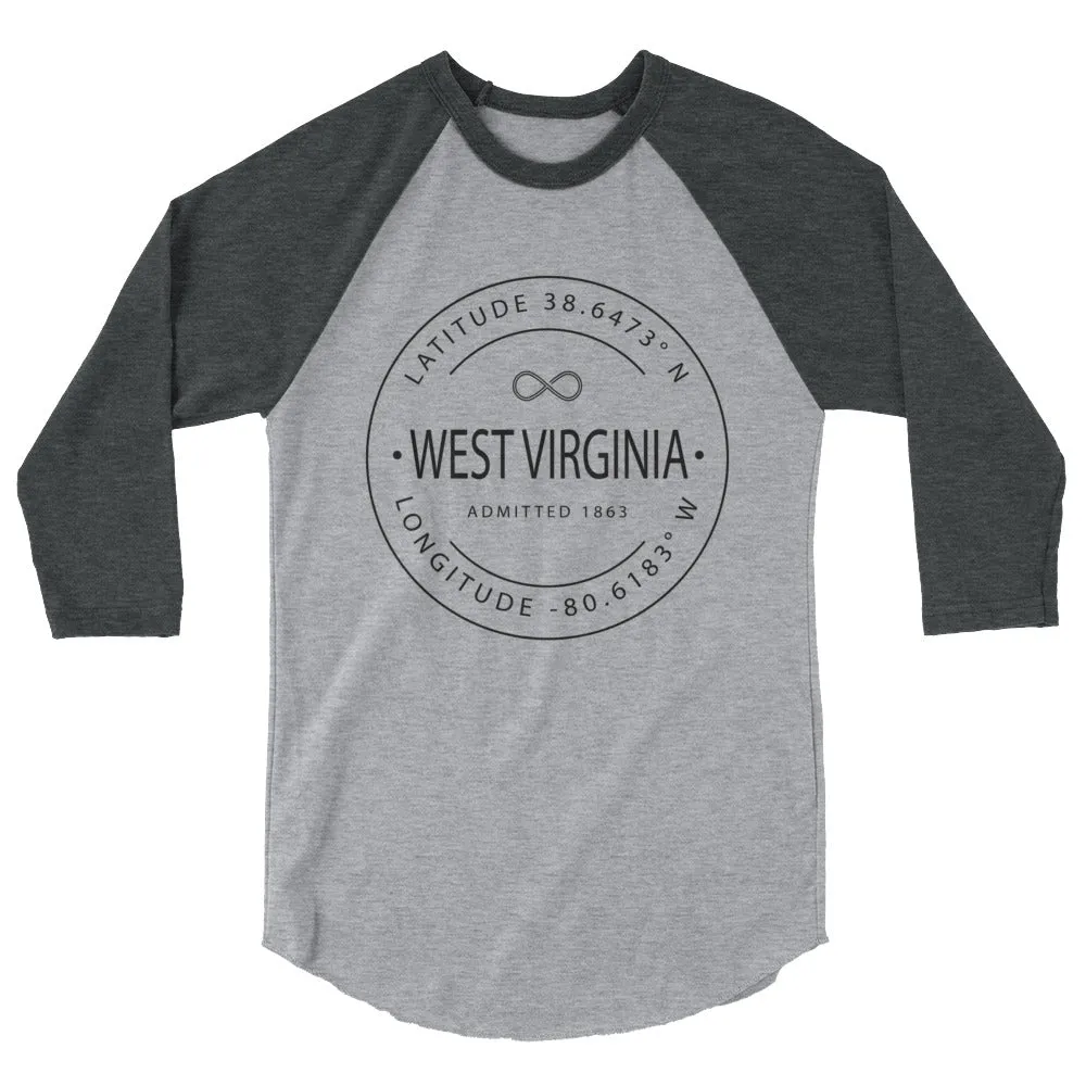 West Virginia - 3/4 Sleeve Raglan Shirt - Latitude & Longitude