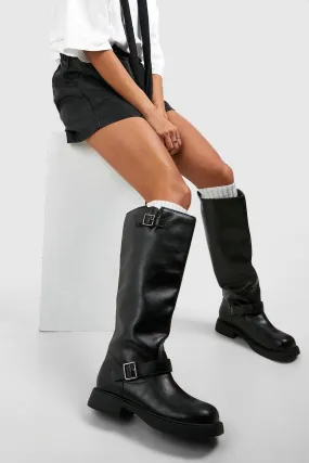 Wide Width Double Buckle Chunky Knee High Biker Boots