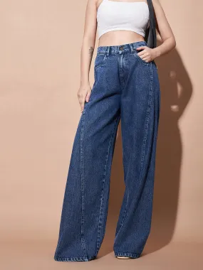 Women Blue Seam Detail Wide Leg Jeans