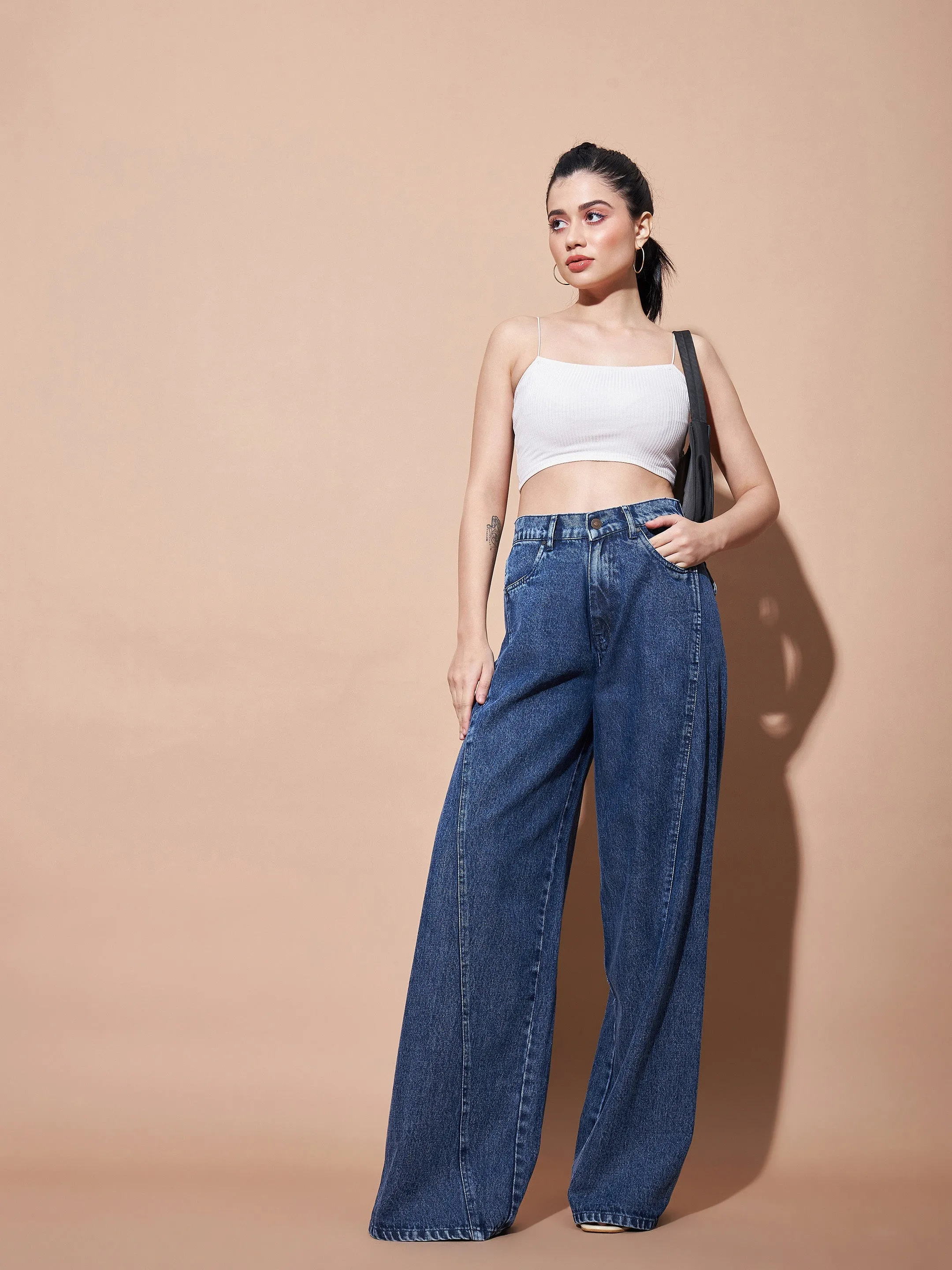 Women Blue Seam Detail Wide Leg Jeans