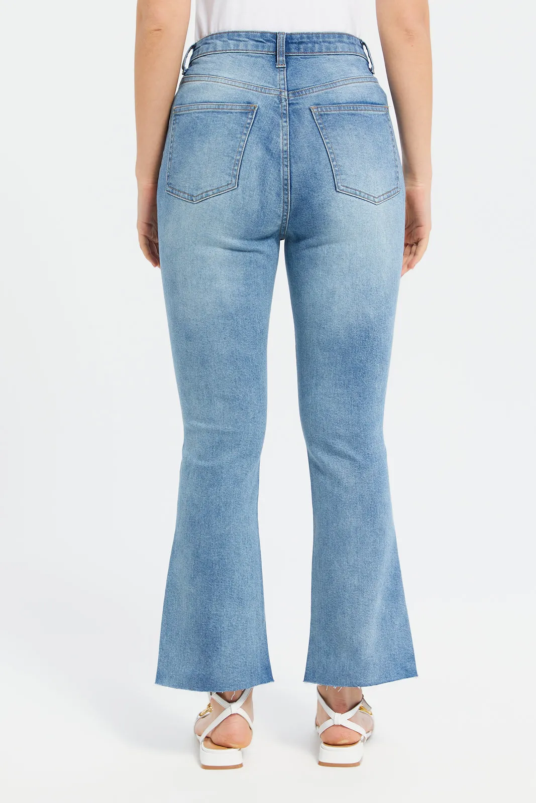 Women Blue Worked Flared Leg Jeans