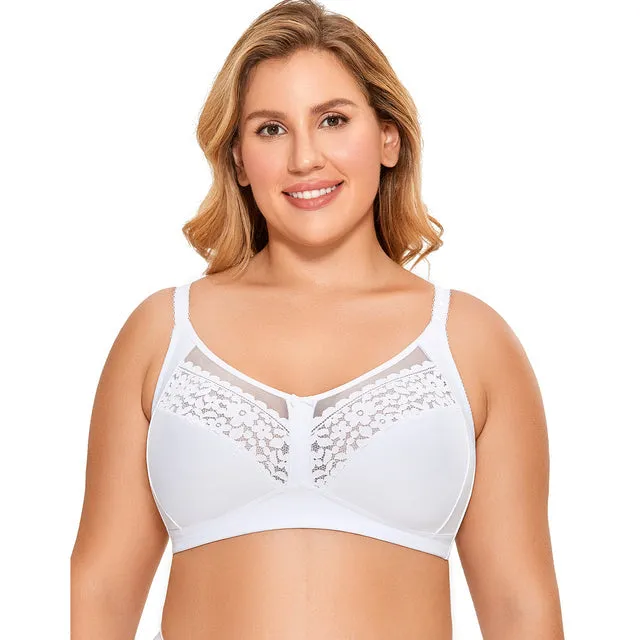 Women's Floral Lace Cotton Full Coverage Sheer Mesh Wireless Bra