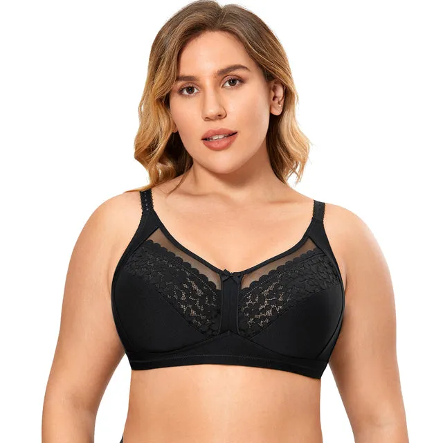 Women's Floral Lace Cotton Full Coverage Sheer Mesh Wireless Bra