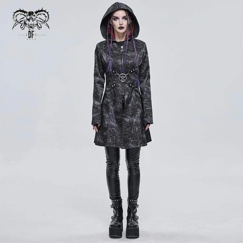 Women's Gothic Slim Fitted Strappy Coat with Hood