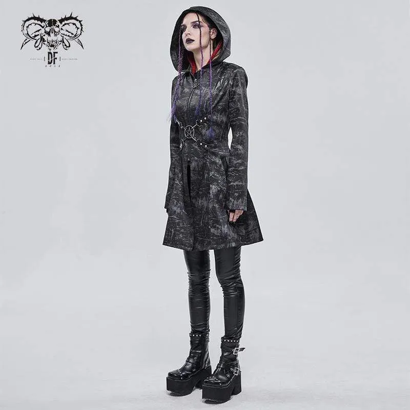 Women's Gothic Slim Fitted Strappy Coat with Hood