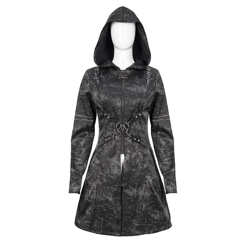 Women's Gothic Slim Fitted Strappy Coat with Hood