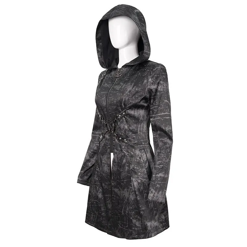 Women's Gothic Slim Fitted Strappy Coat with Hood