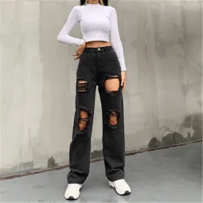 Women's Korean Style Black Denim High Waisted Ripped Out Straight Jeans