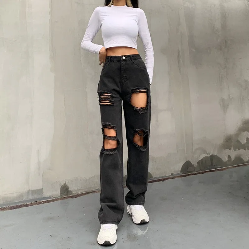 Women's Korean Style Black Denim High Waisted Ripped Out Straight Jeans