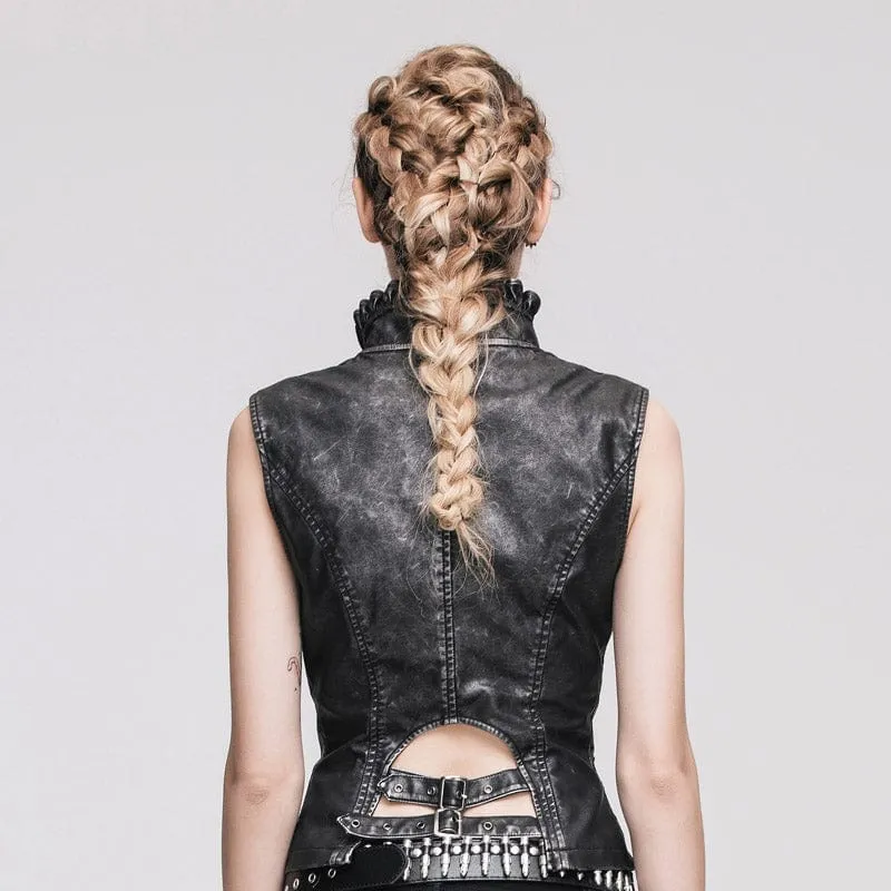 Women's Punk Faux Leather Waistcoat With Leather Frills