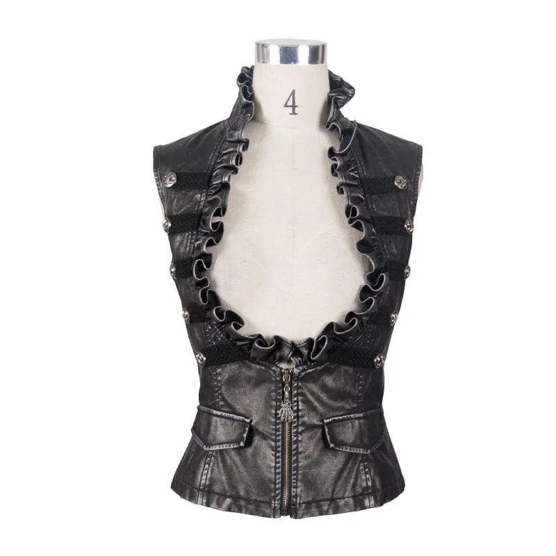 Women's Punk Faux Leather Waistcoat With Leather Frills