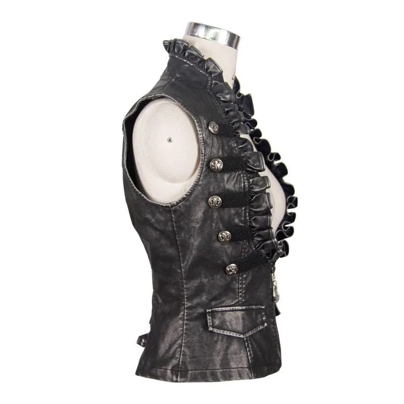 Women's Punk Faux Leather Waistcoat With Leather Frills