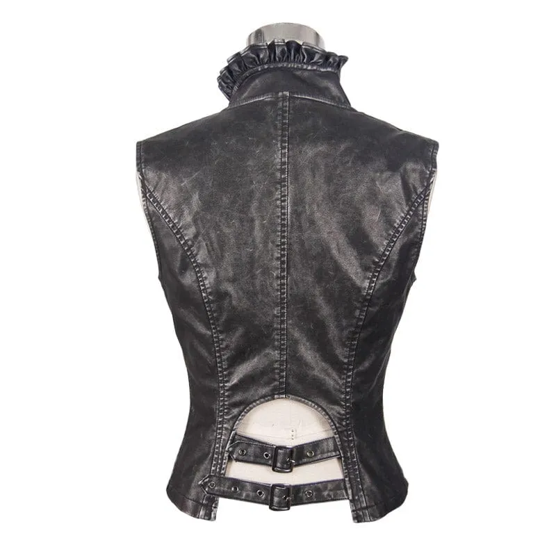 Women's Punk Faux Leather Waistcoat With Leather Frills